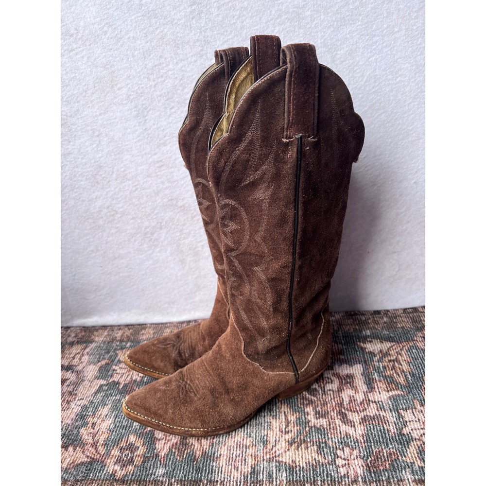 Tony Lama Brown Suede Western Cowboy Boots Pointed Toe Vibram Sole 7M 4444